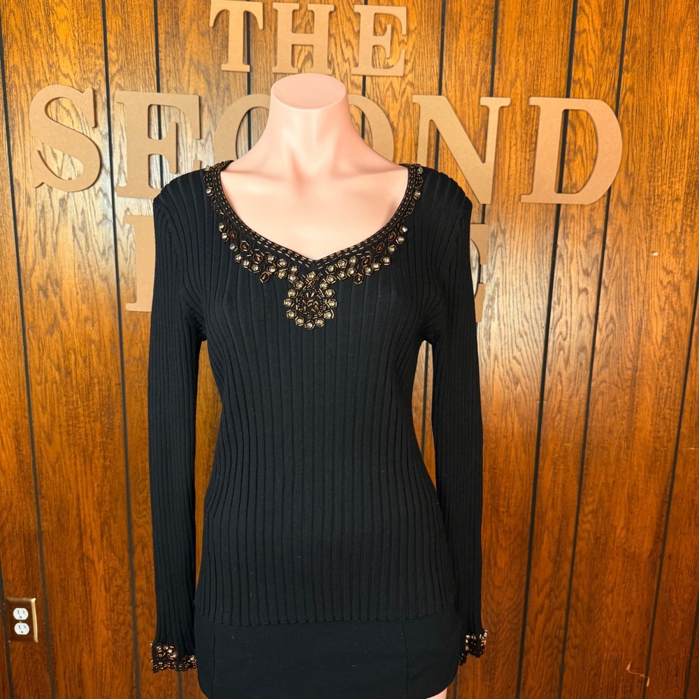 Black Whimsigoth Beaded V-Neck Sweater Belldini Women XL Boho Indie VTG Preppy